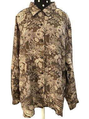 Vintage Anna & Frank Silk Paisley Floral Blouse XL Brown Tan Contrast Piping